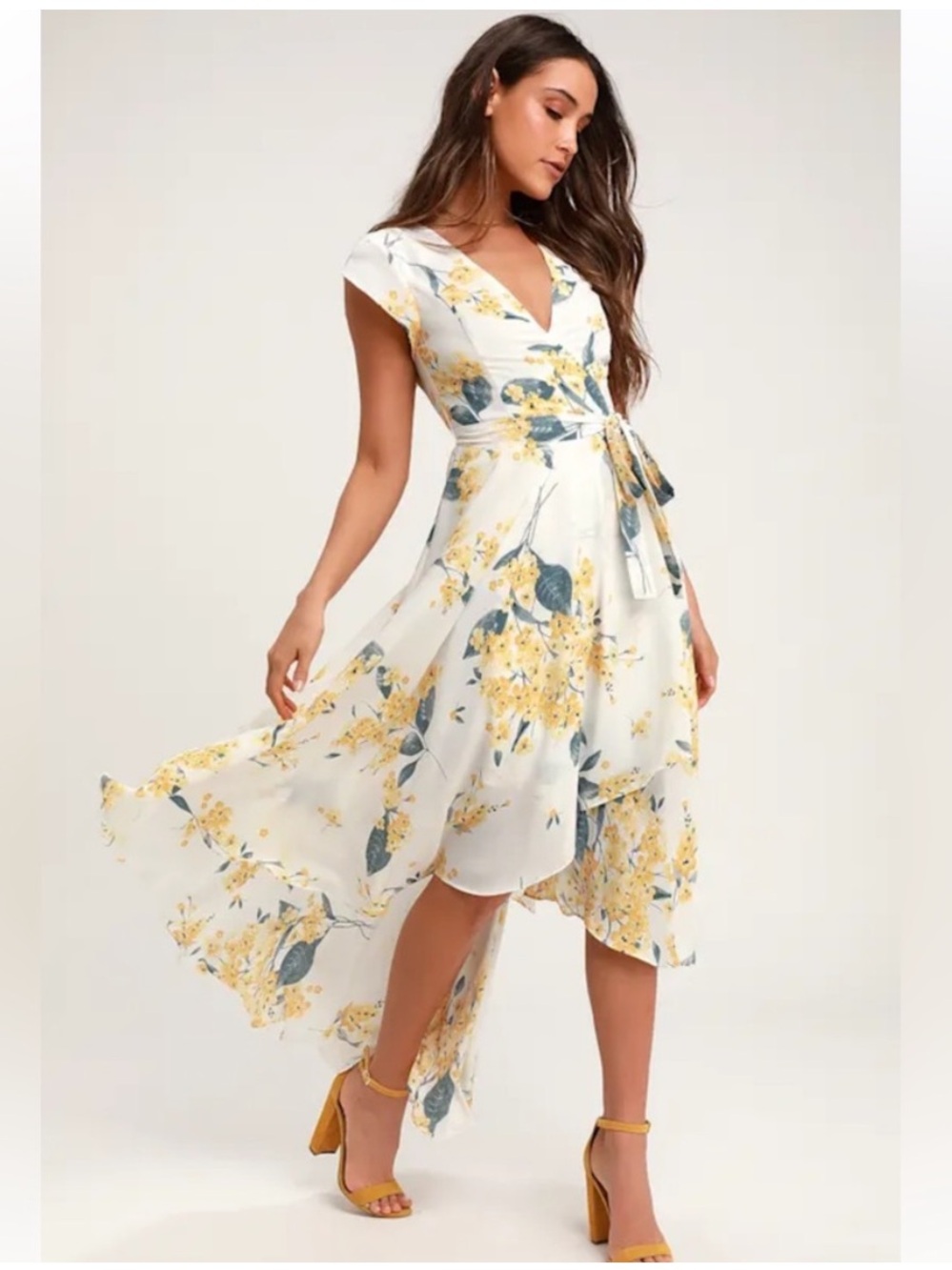 Lulu's White Floral V-Neck Hi-Low Midi Dress - Picture 1 of 13